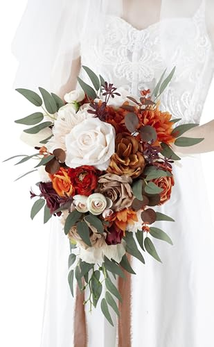 Yelinart 10 Inch Terracotta Wedding Bouquets for Bride Artificial Roses Flower Cascading Cascade Bridal Bouquet for Rustic Boho Fall Vintage Wedding Ceremony Party and Anniversary