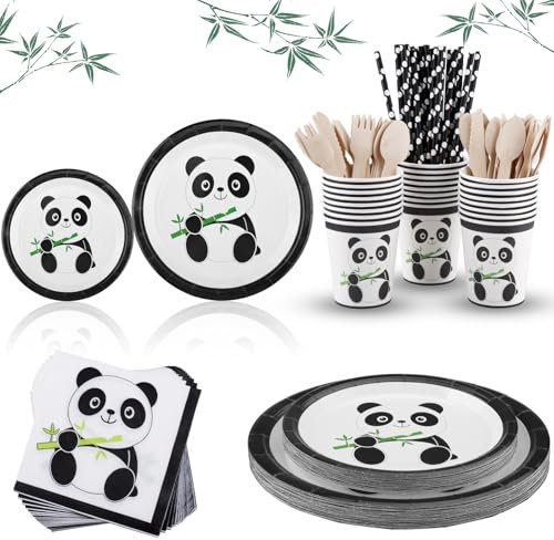 Panda Partygeschirr, Vexillic 200 Stück Pappteller Geburtstag Party Deko Set mit Servietten Pappbecher Strohhalme Holz Gabel Messer Löffel Wiederverwendbar für 25 Kinder