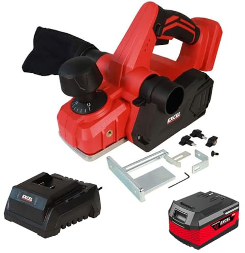 Excel 18V Cordless Planer 82mm EXL580B with 1 x 4.0Ah Battery & Charger - Variable Speed 16000/min - Compact and Ergonomic Design - Two Side Dust Removal System - Ideal for Planing Wood Surfaces