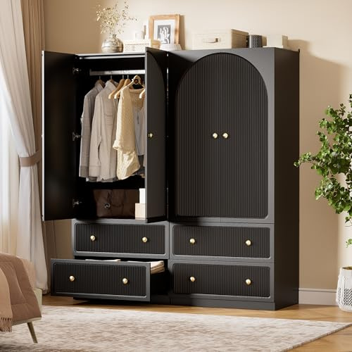 PAKASEPT Armoire Wardrobe Closet with 2 Drawers & Hanging Rod, Freestanding Wooden Wardrobe Cabinet with 2 Striped Doors for Bedroom, Living Room