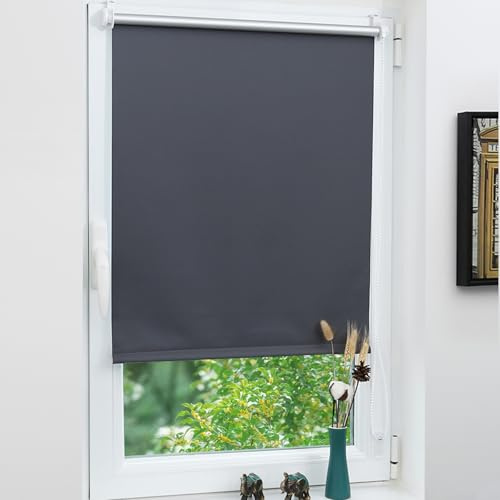 Grandekor Verdunklungsrollo ohne Bohren Dunkelgrau 80 x 110cm(Stoffbreite 80cm) Rollos für Fenster ohne Bohren Verdunkelungsrollo Thermorollo Klemmrollo Fensterrollo verdunkelung Hitzeschutz