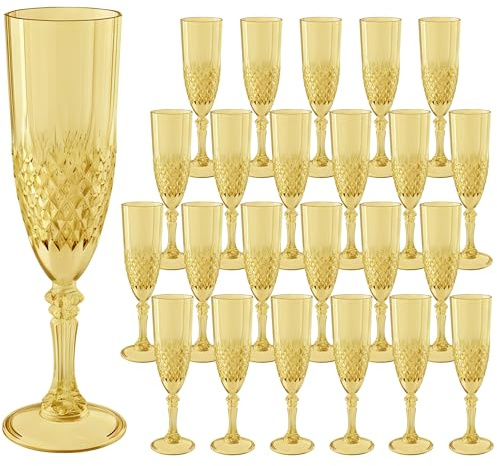 LEYIQU Plastic Champagne Flutes, Champagne Glasses Bulk, Reusable Unbreakable Acrylic Wine Glasses Goblets for Weddings Bachelor Parties Toasting Bridal Shower (24, Gold)