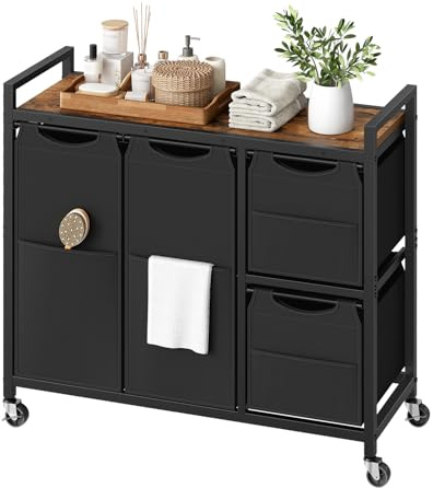 HOOBRO Clasificador de Ropa de 4 Secciones, Cesto de Ropa con Ruedas, 2 Cestas de 24L y 2 Cestas de 49L, con Estantes, Bolsillos Laterales, Bolsa Extraíble, Marrón Rústico y Negro EBF14XY01N1
