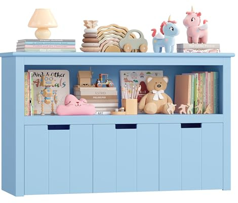 FOREHILL Kinderregal mit Boxen auf Rollen, Spielzeug Aufbewahrung Kinderzimmer Möbel, Spielzeugregal, Kinderschrank, Regal mit 3 Boxen, Truhen & Kisten für Kinder 102 x 33 x 61,5cm Blau