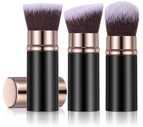 LXUEJIE 3 Pack Retractable Makeup Brush, Travel Kabuki Foundation Brush Portable Powder Foundation Brushes Face Blush Brushes for Blending Liquid Blush Bronzer Buffing Sunscreen Cosmetics(Black Gold)