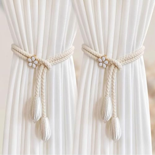 SHSMPXOY 2 Pezzi Fermatende Fibbia per Tenda Fermatende Lavorati a Mano Eleganti Fermatendes in Stile Boho per casa, Ufficio, Soggiorno, Camera da Letto (Beige)