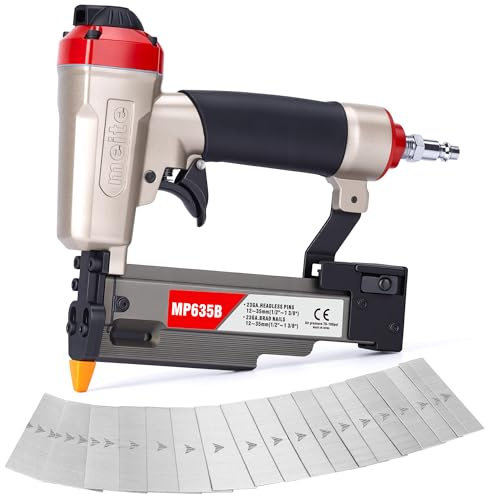 meite MP635B Compressed Air Pin Nailer with 23 Gauge 10,000 Pieces Pin Nails (15mm, 19mm, 25mm, 30mm, 35mm), Pneumatic 23 Gauge Pin Nailer, Fits 12-35 mm Pin Nails, Ideal for Paneling, Small Trim