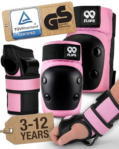 99FLIPS Protezioni Pattini Bambina Ginocchiera Bambini - Set Protezione Skateboard Bambino Ginocchiere e Gomitiere - SLIDE - Taglia XS - NERO - Protezione Bici Bambina