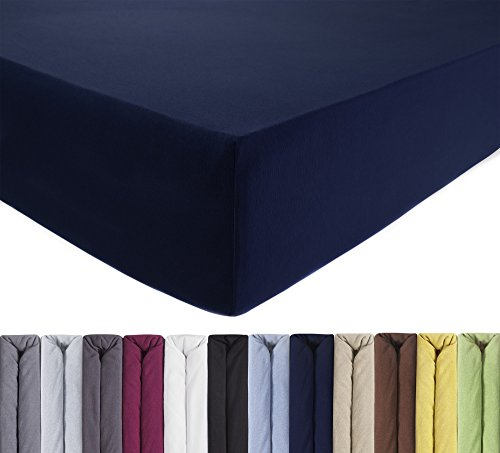 ENTSPANNO Luxus Spannbettlaken 180 x 200 bis 200 x 220 cm - Aus weichem Premium Jersey - Ideal für Wasser- u. Boxspringbetten bis 35cm Höhe - Dunkelblau