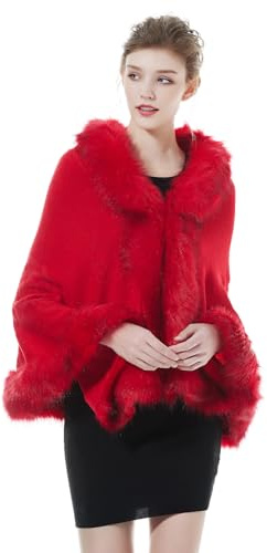 BEAUTELICATE Stola Pelliccia Sintetica Elegante Donna Poncho Stola Maglia Invernale Scialle Cardigan per Matrimonio Cerimonia Sposa,Rosso