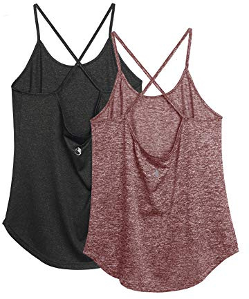 icyzone Débardeur de Sport Femme Yoga Shirt sans Manches Fitness Tank Dos Ouvert Séchage Rapide, Lot de 2 (M, Noir/Rouge Rouille)