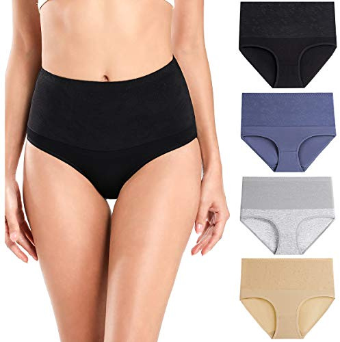 wirarpa Women's Cotton High Waisted Compression Panties Full Coverage Brief Underwear Tummy Control Knickers 4 Pack
