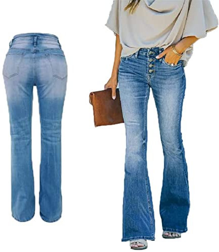 Sawmew 90er Jahre Vintage-Jeans mit Knopfleiste, Hoher Taille, Ausgestelltem Bein, Damen, Hoher Bund, Distressed, Klassischer, Dehnbarer Denim-Schlag (Color : Blue, Size : XXL)