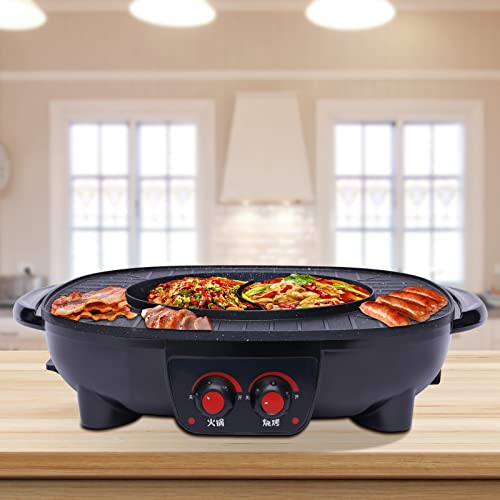 KinHall Elektrischer Hot Pot und Grillplatte 2 in 1, Elektrische Barbecue Elektrische Hot Pot große Kapazität doppelte Temperaturregelung Geteiltes Design Leicht zu reinigen für Familienrestaurant