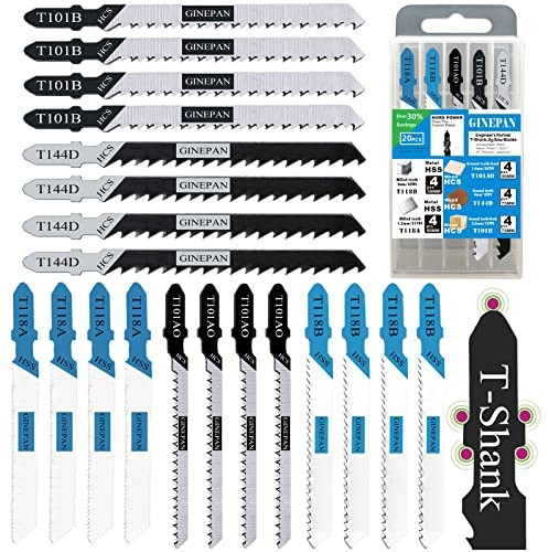 20PCS T Shank Jigsaw Blades Tool for Wood Plastic Metal Compatible with 90% Power Jig Saws Such as Bosch DEWALT RYOBI One+ Makita SKIL Black+Decker Includes 4 Each of T101B T101AO T144D T118A & T118B