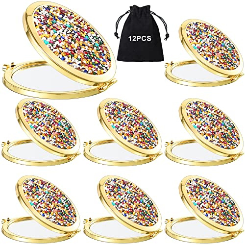 Cindeer 6 Pcs Small Compact Mirror Folding Pocket Makeup Round Hand Held Cosmetic Magnifying Compact Rhinestone Mirror with 1X/2X Magnification for Women Girls Travel (Gold)