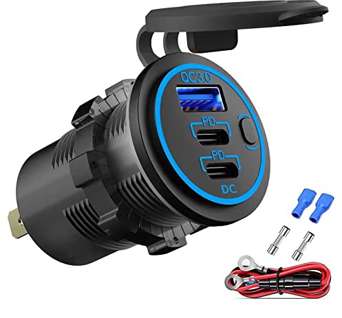 12V USB-Steckdose Draht USB-Ladegerät Multi Port, Dual PD3.0 USB-C und QC3.0 Auto-Anschluss-Buchse mit Netzschalter, Schnellladegerät für iPhone iPad Android Phones, geeignet für Auto Boot Marine