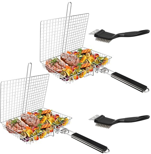 Cesta para parrilla, cesta de parrilla con cepillo de limpieza de parrilla, cesta plegable de acero inoxidable, para pollo, carne, filetes, chuletas (2 cestas grandes para parrilla + 2 cepillos)