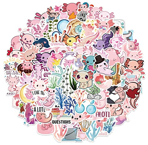 Pegatinas de Axolotl,100 Piezas Impermeable Vinilo Pegatinas para Monopatín Ordenador Portátil Equipaje Moto Bicicleta Guitarra Taza Botellas de Agua Casco,Axolotl Pegatinas para Adultos,niños y niñas