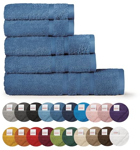 Bassetti Weiches Handtuch, 480 g, 100 % Baumwolle, 5-teiliges Set (2 à 58 x 105 cm + 2 x 38 x 55 cm + 1 x 70 x 140 cm) – Kollektion Monique – Meer B6