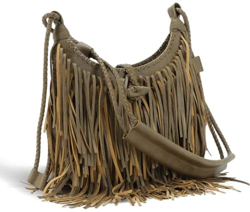 Emprier Borsa a tracolla vintage con frange da donna, in finta pelle scamosciata vegana, con nappa, borsa a tracolla con frange, Cachi