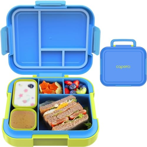 CAPERCI Kids Bento Lunch Box with Portable Handle – 4 Compartments + 2 Leak-Proof Sauce Pots | Microwave & Dishwasher Safe | School Lunch Container (Blue/Juicy Pear)