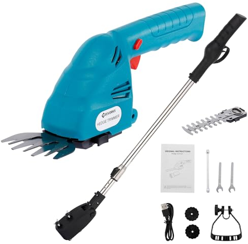 Geevorks Akku Gras und Strauchschere Strauchschere Akku 2.0Ah Grasschere mit 68-114cm Teleskopstiel, 155mm Grasscherenmesser, 235mm Strauchscherenmesser von Rasenkanten, Strauchschnitt, Gras mähen