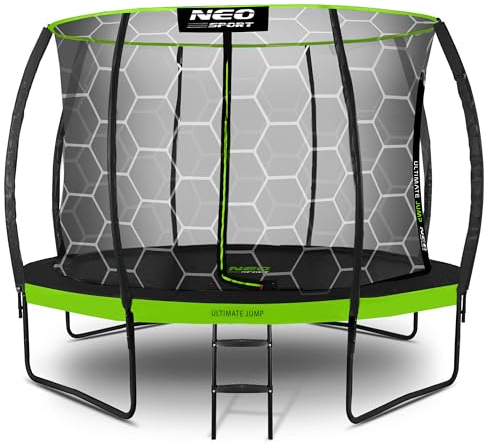 Neo-Sport Trampolin Outdoor Kinder Gartentrampolin Sicherheitsnetz Innen Leiter Gepolsterte Stangen Wetterfest Rostfrei Belastbar bis 150 kg Grün Schwarz 374 cm