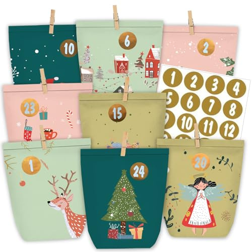 PANSIBY Calendario dell'Avvento da Riempire, 24 Sacchetti di Carta per Calendario dell'Avvento da Creare da Soli, Sacchetti dell'Avvento con Adesivi 1-24 per il Riempimento Personalizzato