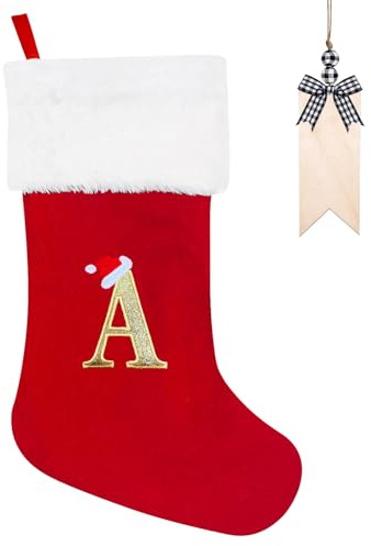 Vidillo Calza Befana Personalizzata Calze Natalizie da Appendere con Lettera Monogramma Rosso Grandi Calza di Natale Befana Natale Decoraizione con targhetta per Camino L'Albero di Natale Holiday (A)