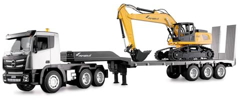 Amewi 2-in-1 Set LKW mit Tieflader und Bagger 1:24 RTR ferngesteuert RC Baustelle Kinder 8 Jahre, Anthrazit-schwarz-gelb