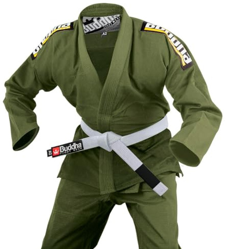 Buddha Fight Wear - Kimono Premium Infinity Noir Jiu Jitsu Brésilien / BJJ Gi avec Ceinture Blanche, Unisexe Adulte, kaki, ML=A2