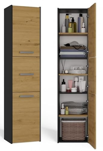 BDW - Armario de Baño Corredera - Armario de Baño Alto - 170x40x30 cm - 3 x puertas con tiradores, amplios estantes en el centro, lado de apertura de la puerta seleccionable - Antracita/Roble Artesano