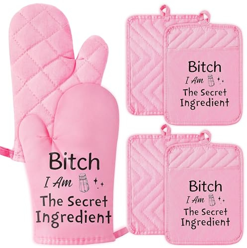 GROBRO7 6Pcs Funny Oven Mitts Pot Holders Baking Gift, I Am The Secret Ingredient Resistant Hot Pad Machine Washable Gloves with Hanging Pocket Potholder for Friend Women Gift for Love Kitchen Cooking