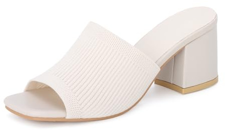 Fecialy Sandali con Tacco in Maglia per Le Donne Punta Aperta Quadrata Tacco Grosso Blocco Basso Mules Slip On Sandalo
