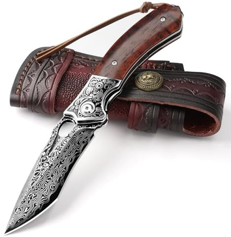 DRACHENADER Couteau Pliant Damas – Couteau de Poche Élégant avec Lame en Acier Damas et Manche en Bois, Étui en Cuir Inclus