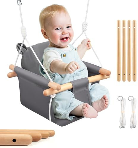 Babyschaukel, Kinderschaukel Babysitz Set Indoor aus Holz, Holzschaukel mit Grau Sitzkissen aus Baumwolle und Anschnallgurt, Tragfähigkeit 25kg, für Babys und Kinder ab 6 Monate bis 5 Jahre