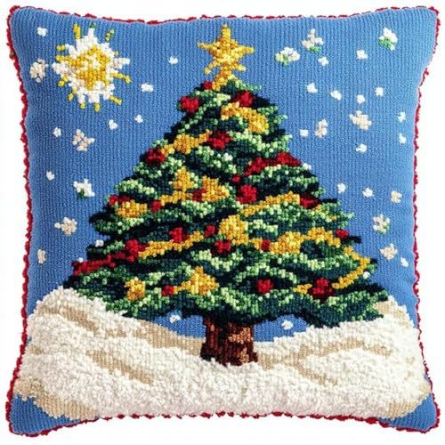 Kit di Ganci a Chiusura per Cuscino,Natale,fiocchi di neve albero di Natale,DIY Cuscini Artigianali Kit Ricamare Cuscini Federa per Cuscino per Divano per Adulti,43x43cm