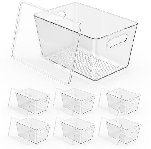 Confezione da 6 contenitori trasparenti con coperchio, contenitori impilabili in plastica con manici facili da impugnare per l'organizzazione di mobili da cucina, dispensa, frigorifero e congelatore
