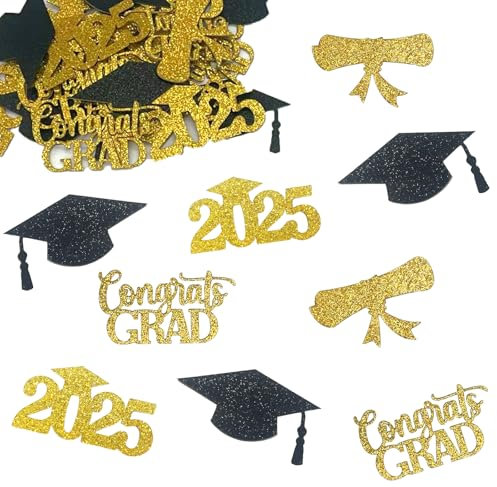 100 Pcs 2025 Graduation Decorations Confetti,Confetti Party Table Decor Black Gold Glitter Sprinkles Scatter，Prom Decorations 2025,Graduation Party Favors for Prom Home College School Decor
