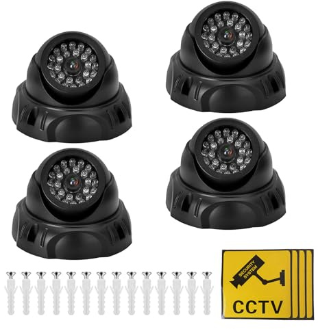 GOMETY - Juego de 4 cámaras falsas, cámara de vigilancia falsa con LED rojo intermitente, cámara falsa al aire libre resistente a las inclemencias del tiempo para la vigilancia del hogar y la oficina