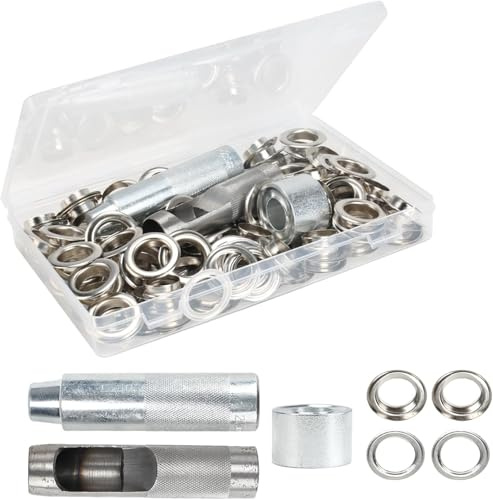 Slwnrc 100 Sets Occhiello Strumento Kit 20mm Kit Occhielli Metallici Strumento argento Kit Occhielli Grommet Rondelle con Attrezzi e Scatola di Stoccaggio per Teloni, Borse, Pelle, Abbigliamento