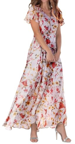 Générique Robe Femme Été Chic Décontracté Bohème Longue Fleurie Col en V Plage Élégant Mi-Longue Imprimé sans Manches Sexy Grande Taille Vintage Bretelles Chic A104