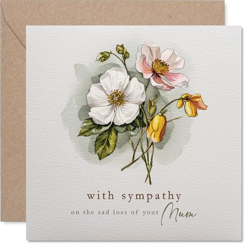 Sympathy Card, Loss of Mum Delicate Watercolour Floral Bouquet | Gentle Comfort in Difficult Times, with Soft Hues, 145mm Square, Envelope Included