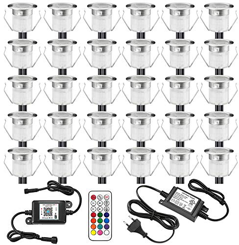 INDARUN LED Bodeneinbauleuchten Aussen RGB 30er Set, Ø30mm WiFi Terrasse Einbaustrahler, Led Terrassenbeleuchtung IP67 Wasserdicht Boden Licht für Küche Garten Treppen