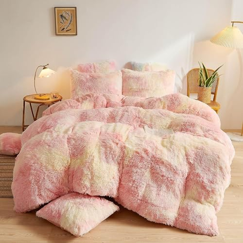 CoutureBridal Bettwäsche 135x200cm Rosa Gelb Warm Winter Plüsch Langhaar Flauschig Flanell Biber Winterbettwäsche Bettbezug mit Reißverschluss und Kissenbezug 80x80cm