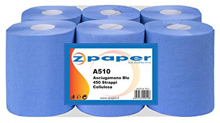 ZPAPER - 6 Rotoli Asciugamani BLU - Carta Cellulosa 450 Strappi a Rotolo, 2 Veli, Anima a Spirale, Confezionati. Rotoli Bobine Asciugatutto