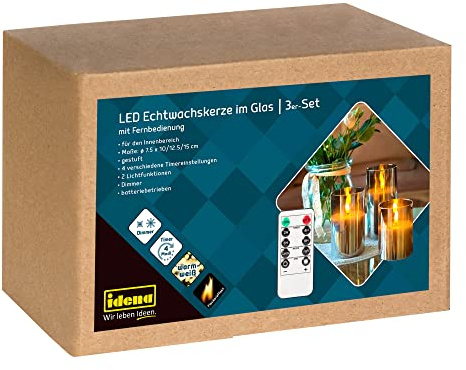 Idena 50062 – LED-ljus med timerfunktion, batteri, dimmer, 2 ljusinställningar och fjärrkontroll, 3 stegrävda äkta vaxljus i glas för inomhusbruk