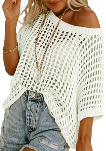 Dokotoo Womens 2026 Summer Crochet Hollow Out Short Sleeve Sweaters Tops Spring Off Shoulder Pullover Shirt Lightweight Knit Sweater Blouse Bathing Suit for Women White Large