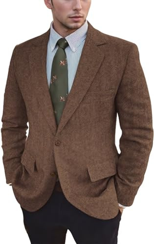 Vintage Mens Tweed Blazer Retro Wool Blend Suit Jackets Herringbone Two Button Sport Coat Prom Business Casual Wedding, Brown, M